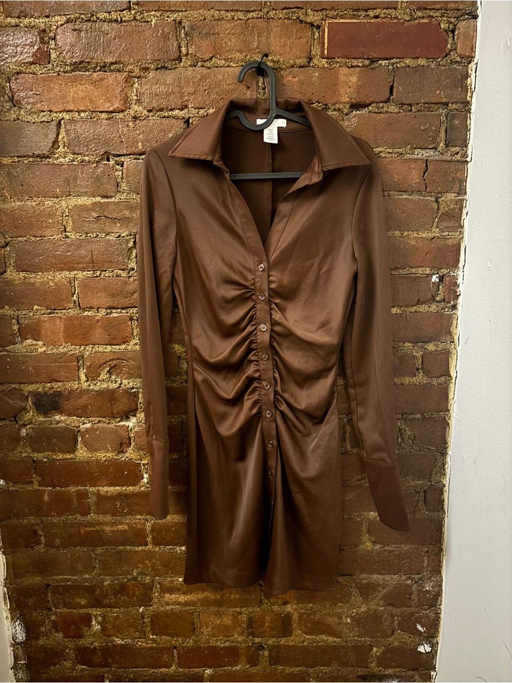 Abercrombie & Fitch Brown Ruched Button-Front Long Sleeve Mini Dress